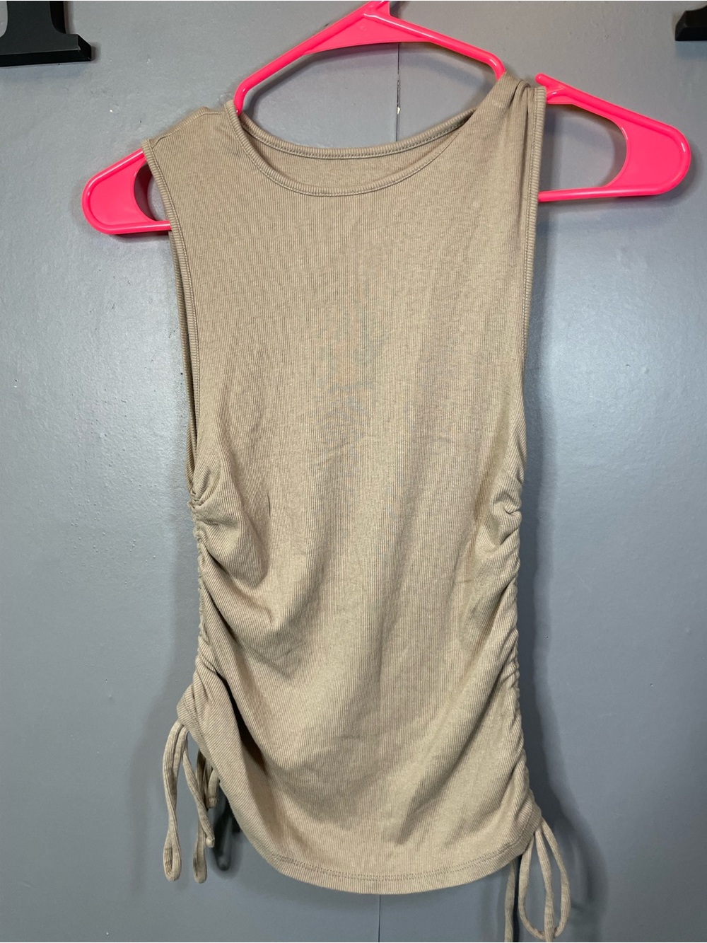 A New Day Ribbed Sleeveless Ruched Side Tank Top - Beige size medium